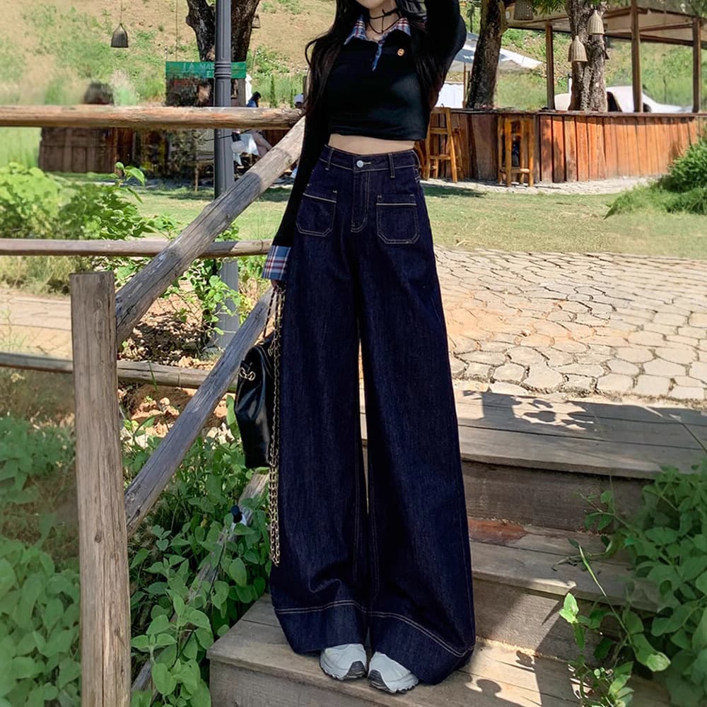 美シルエット レトロガーリーハイウエストデニムワイドパンツ