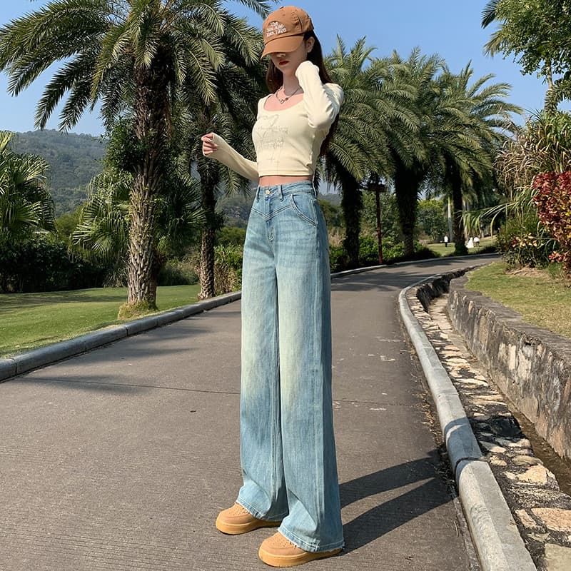 デニムワイドパンツ ビンテージ調美シルエットハイウエストワイドパンツ