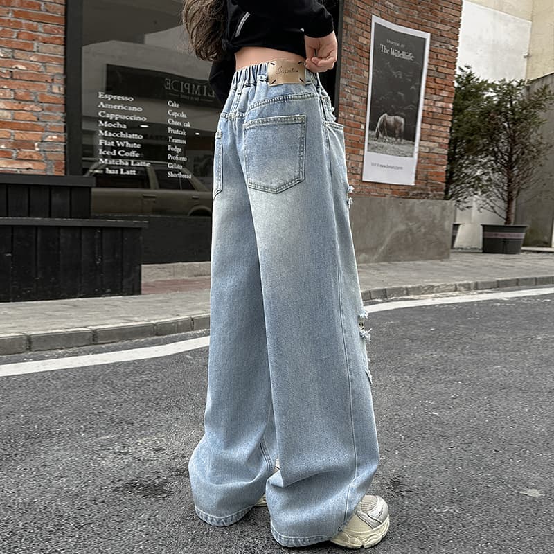 デニムワイドパンツ ダメージ加工 美シルエット ハイウエストルーズワイドデニムパンツ