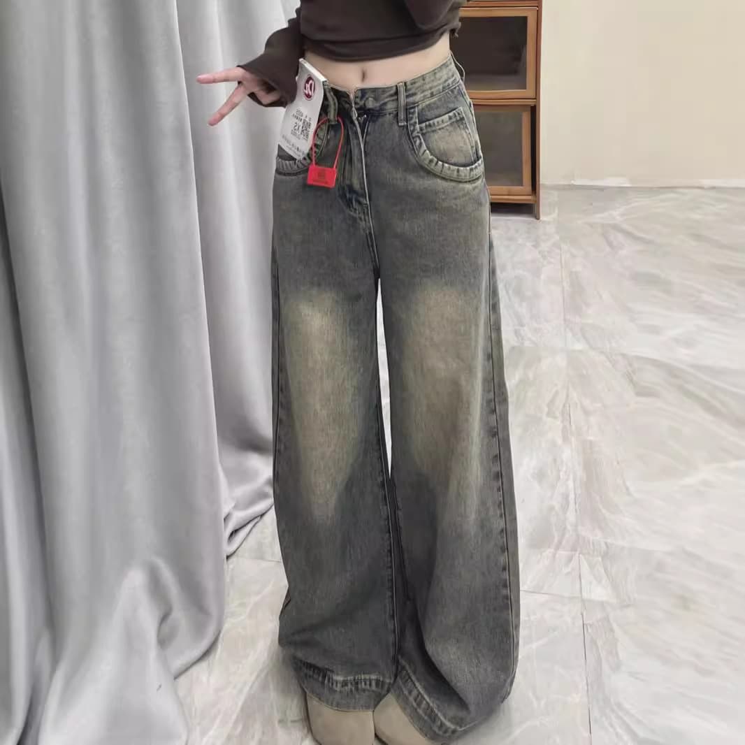 ゆったり幅広デニムワイドパンツ ウォッシュ加工