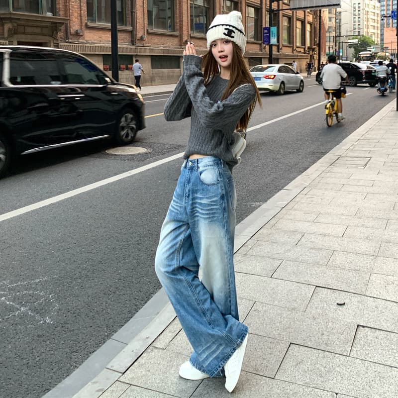 美シルエット ヴィンテージ風ハイウエストデニムワイドパンツ