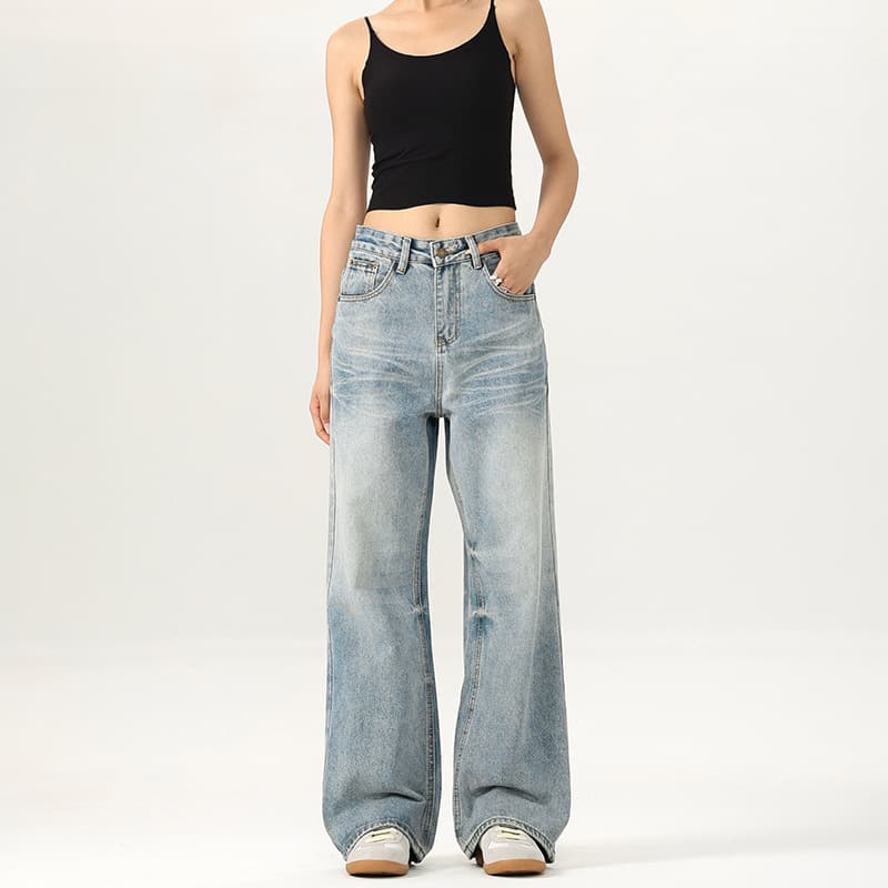 デニムワイドパンツ レディースゆったり幅広ワイドストレートジーンズ