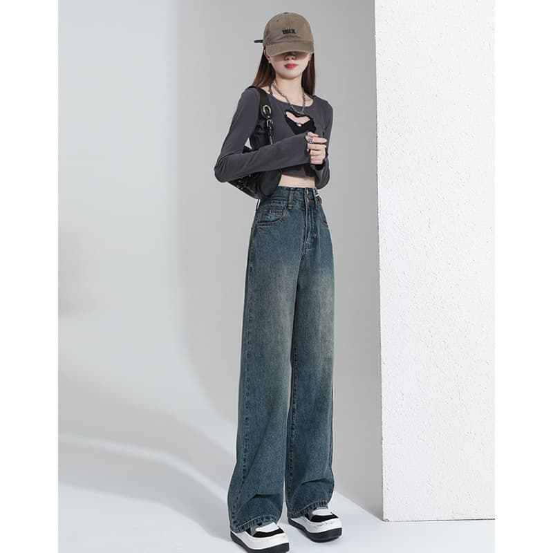 ゆったりハイウエスト 韓国ファッション 美脚デニムワイドパンツ