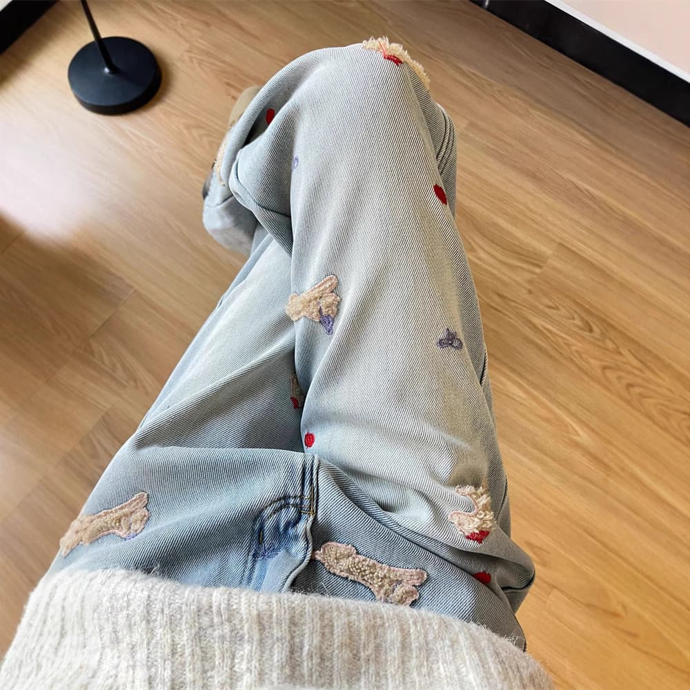 デニムワイドパンツ 冬季 うさぎと小花刺繍のもこもこデニム