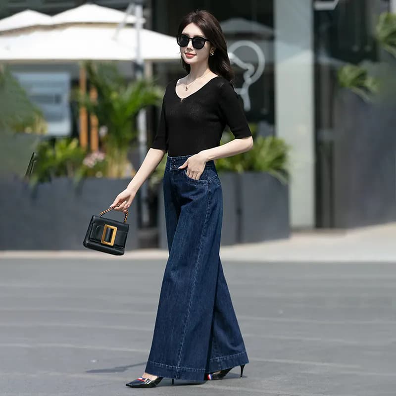 ハイウエスト幅広デニムワイドパンツ