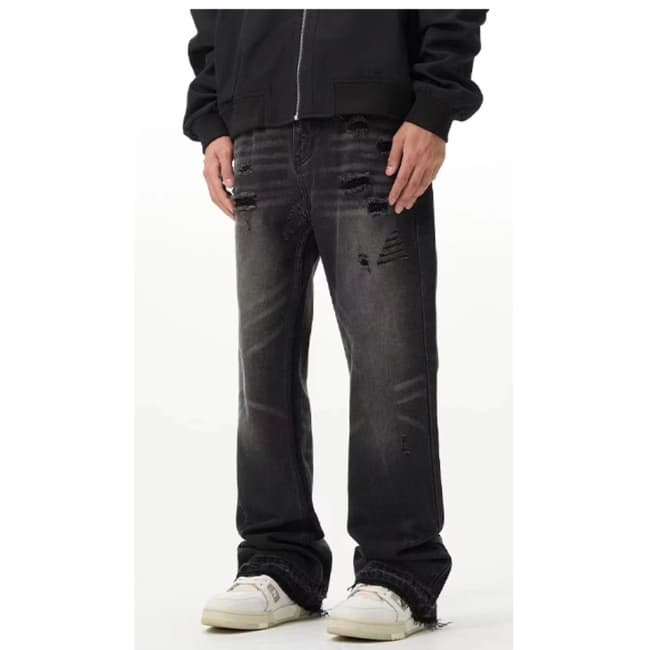 デニムワイドパンツ ダメージ加工 ヴィンテージ風 リメイクデニム