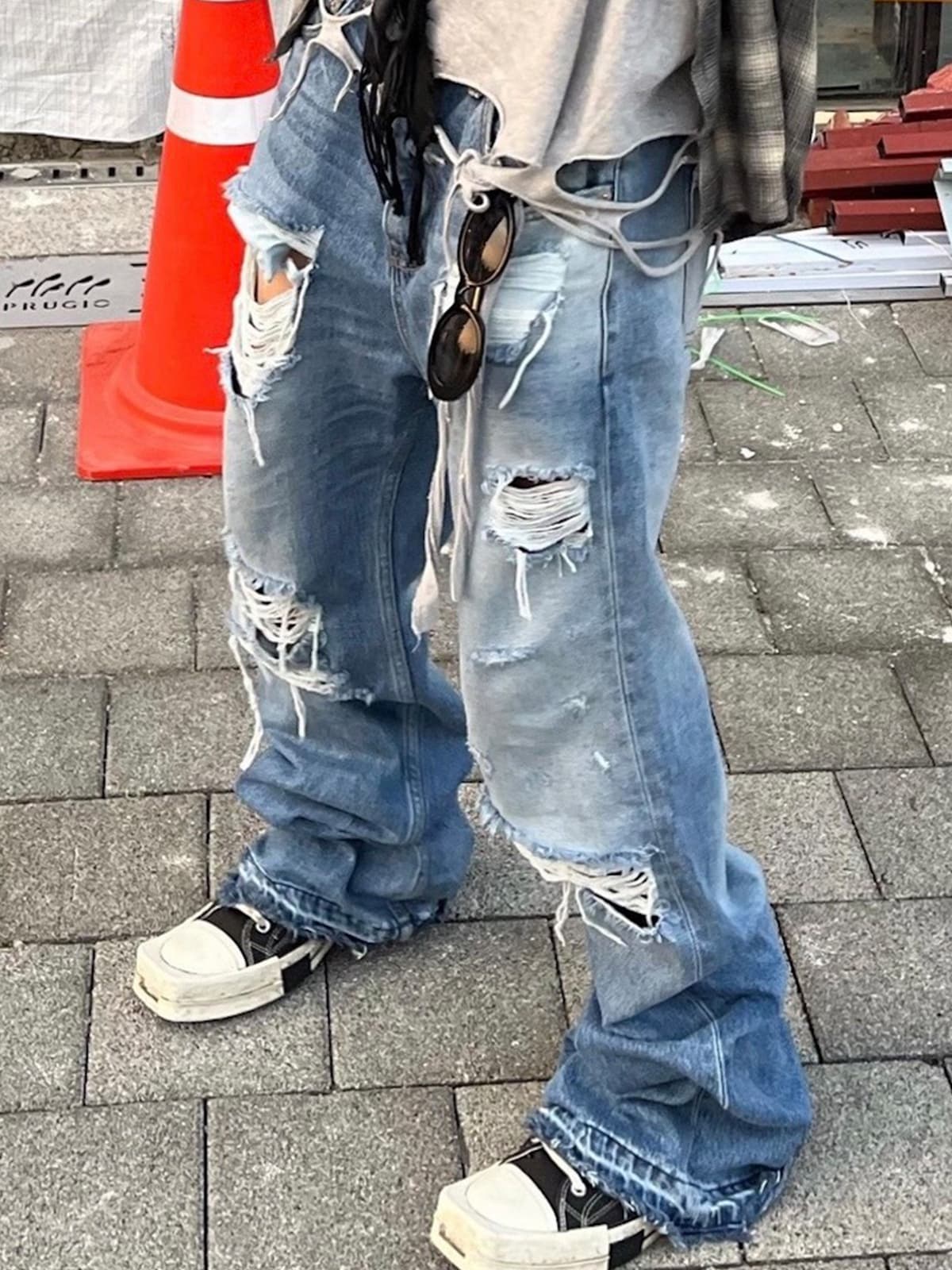 デニムワイドパンツ クラッシュ加工デニムワイドストレート