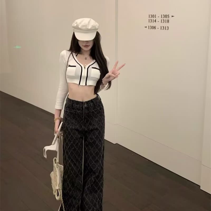 デニムワイドパンツ 格子模様入りハイウエストデニムパンツ