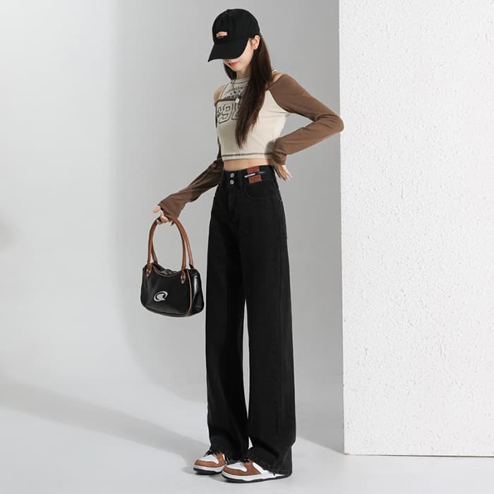 ゆったりハイウエスト 韓国ファッション 美脚デニムワイドパンツ