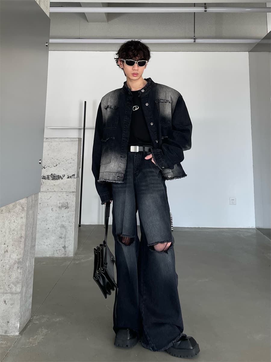 デニムワイドパンツ ダメージ加工フレアデニムパンツ