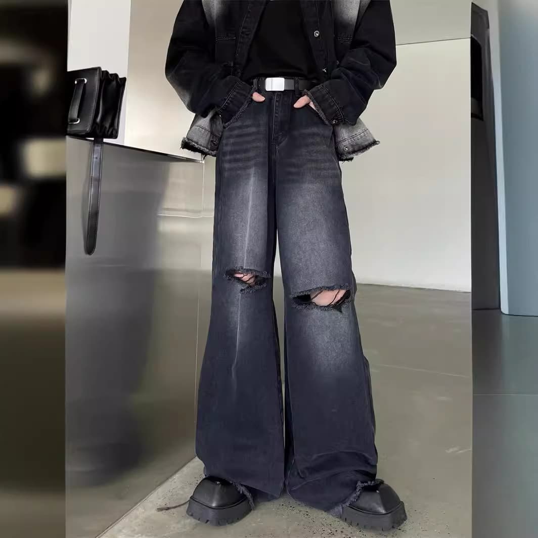 デニムワイドパンツ ダメージ加工フレアデニムパンツ