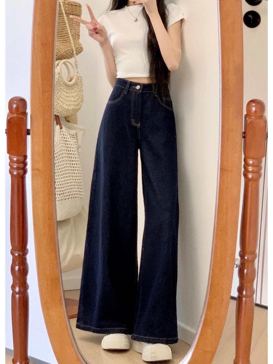 デニムワイドパンツ 韓国 美脚シルエットハイウエストフレアデニム