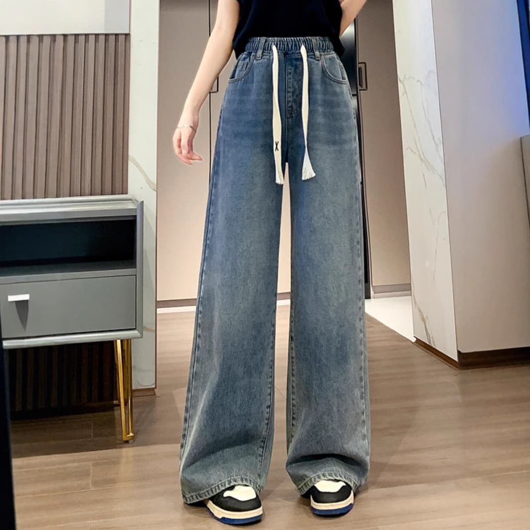 ゆったりデニムワイドパンツ 紐付きストレート