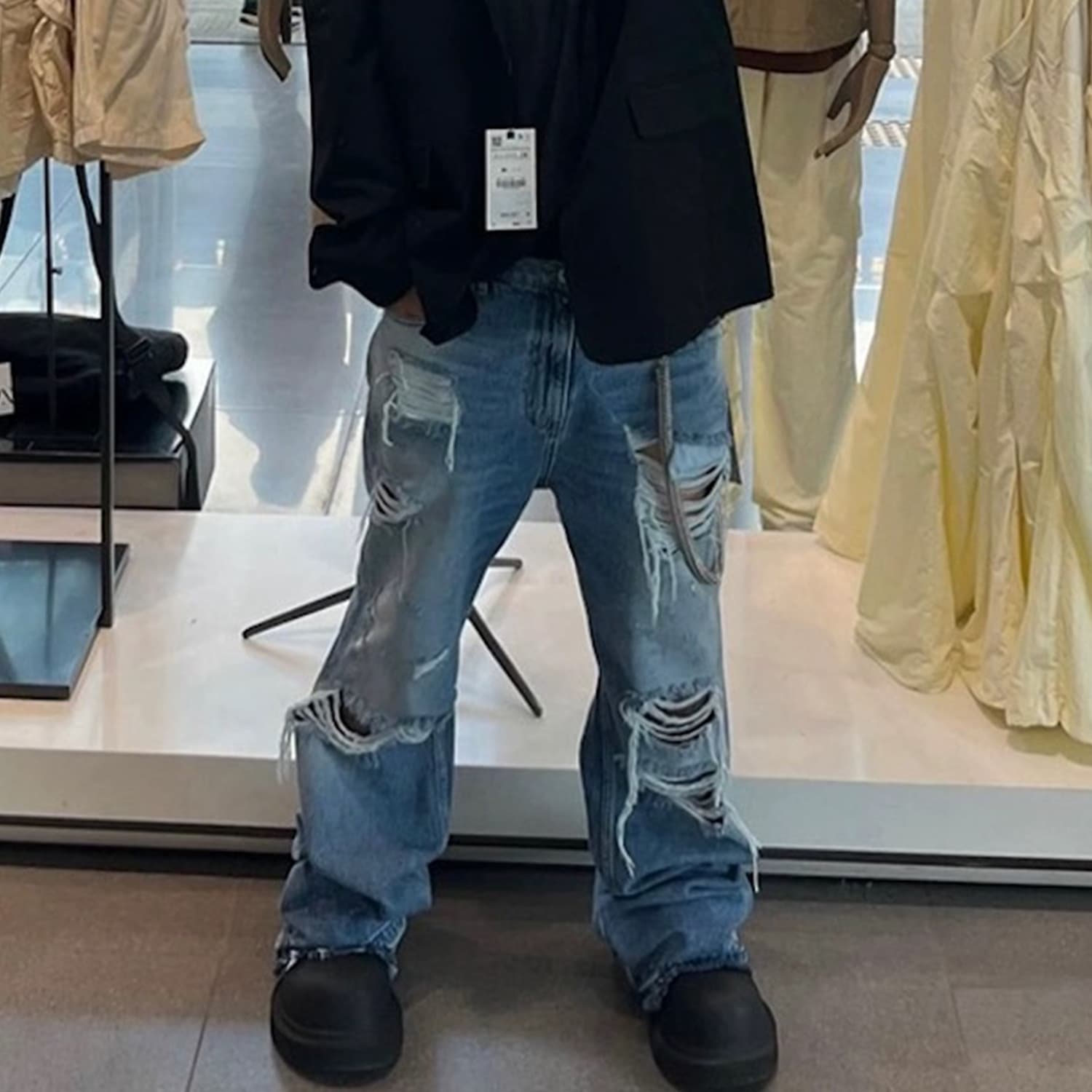 デニムワイドパンツ クラッシュ加工デニムワイドストレート