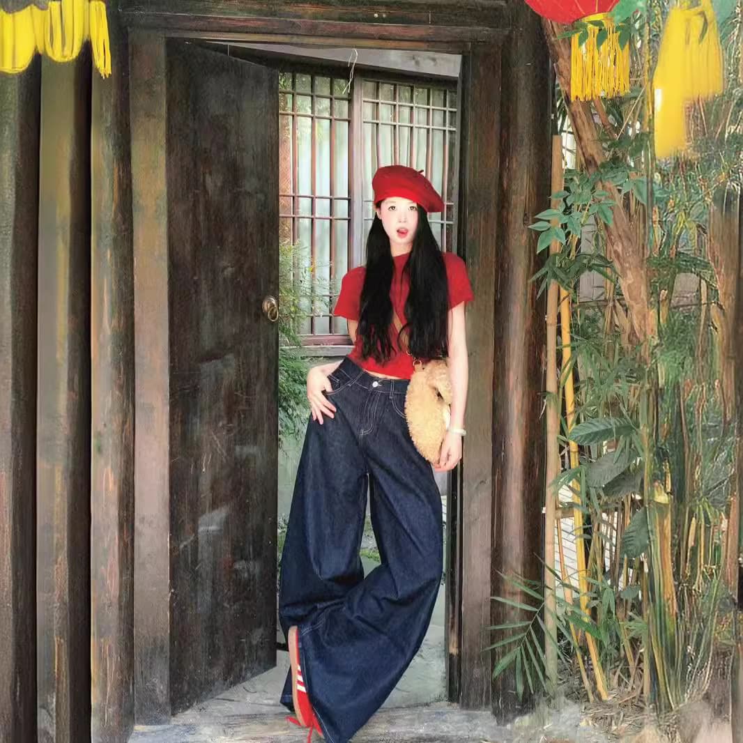 デニムワイドパンツ ワイドフレアタックデニムパンツ 裾広がりシルエット