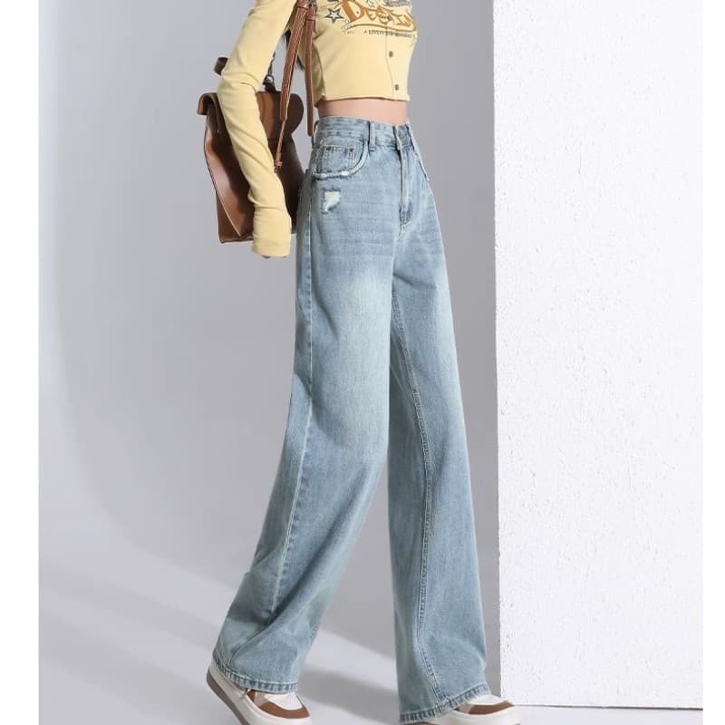 デニムワイドパンツ ヴィンテージ加工デニムワイドストレート