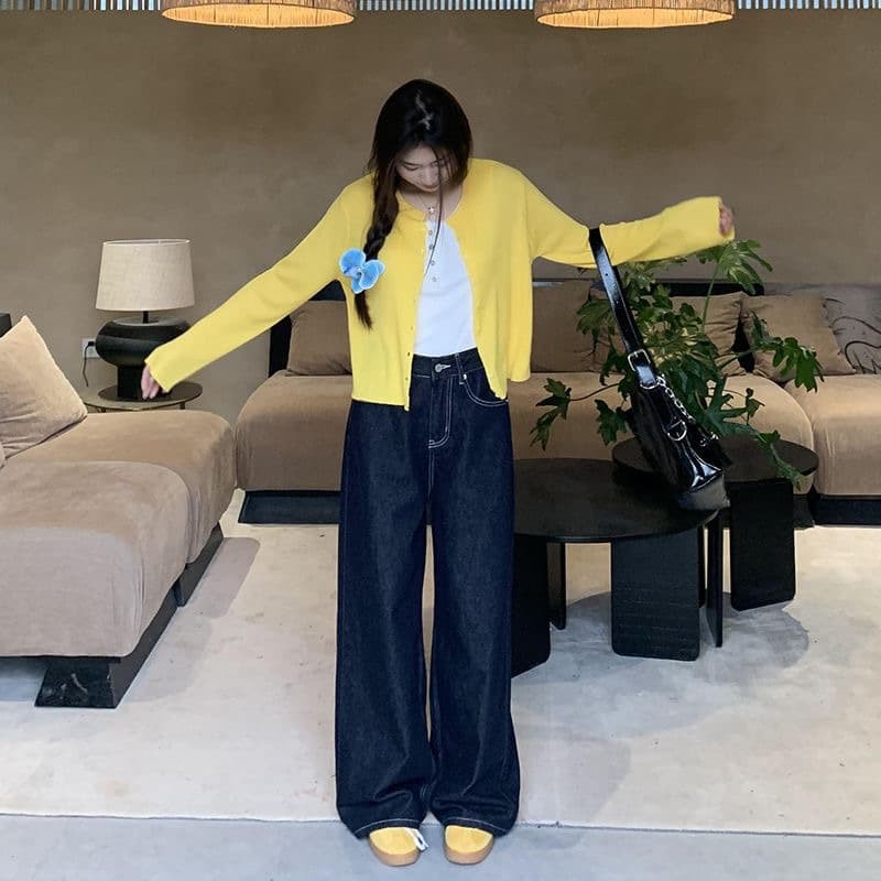 レディース ゆったり幅広デニムワイドパンツ ストレートジーンズ