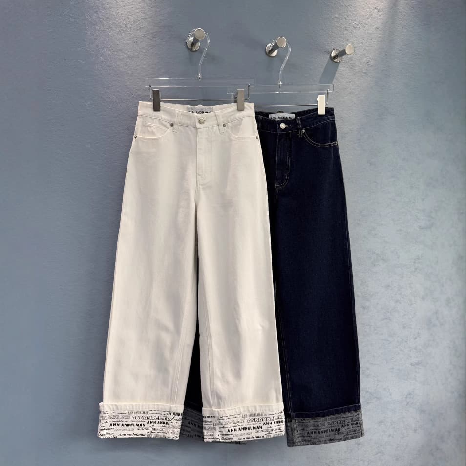 デニムワイドパンツ ロゴ裾アレンジ