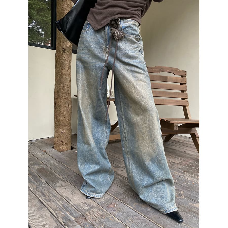 デニムワイドパンツ ダメージ加工ワイドストレートデニム