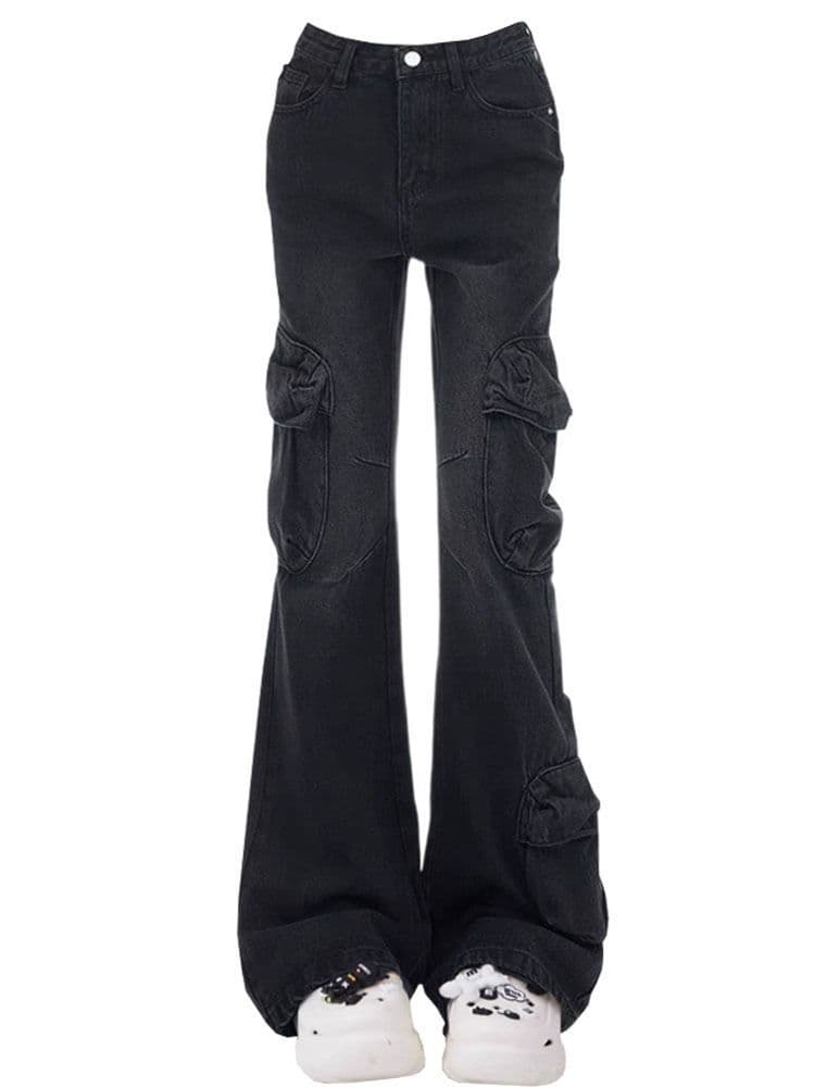 デニムワイドパンツ カーゴポケット付きデニムワイドフレアパンツ
