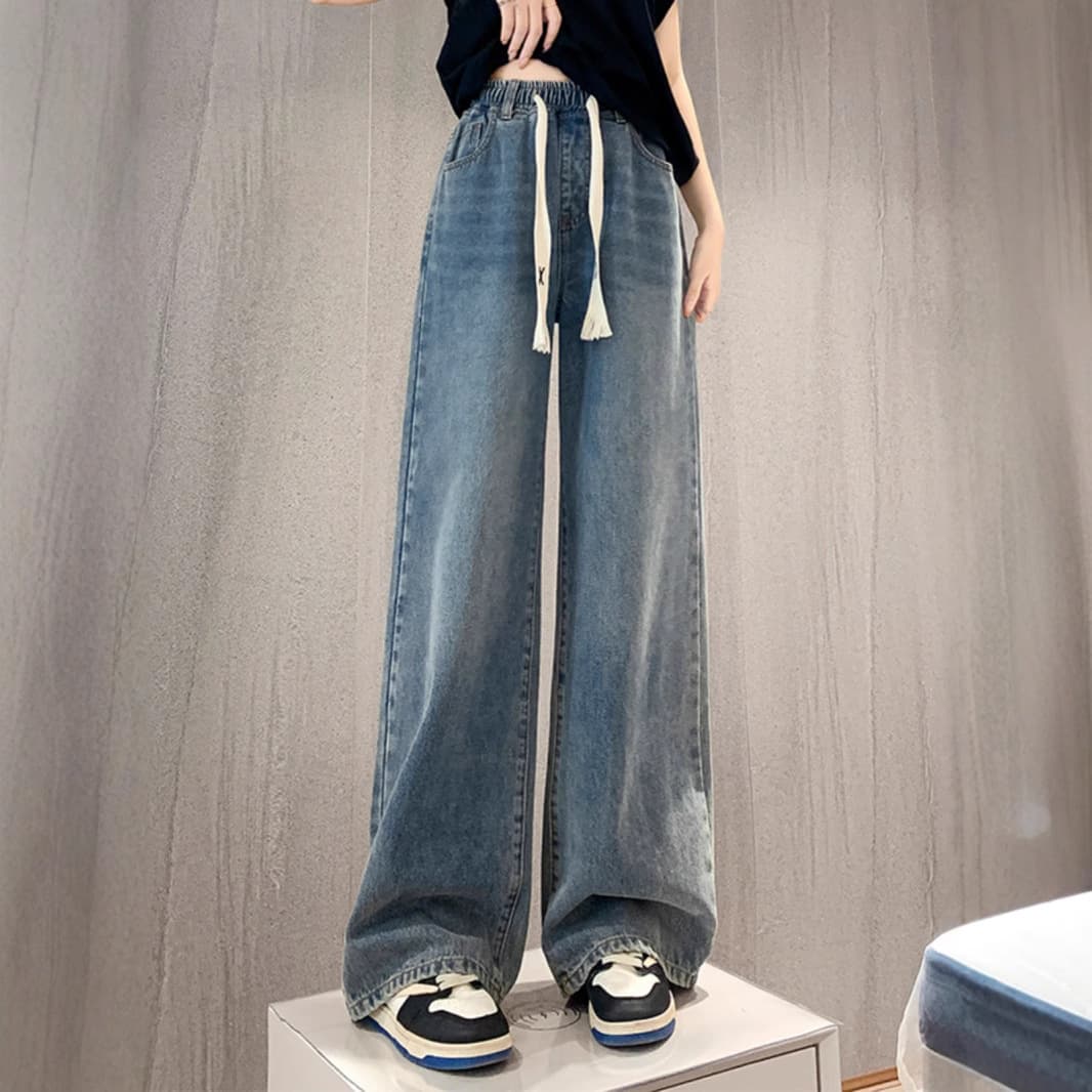 ゆったりデニムワイドパンツ 紐付きストレート