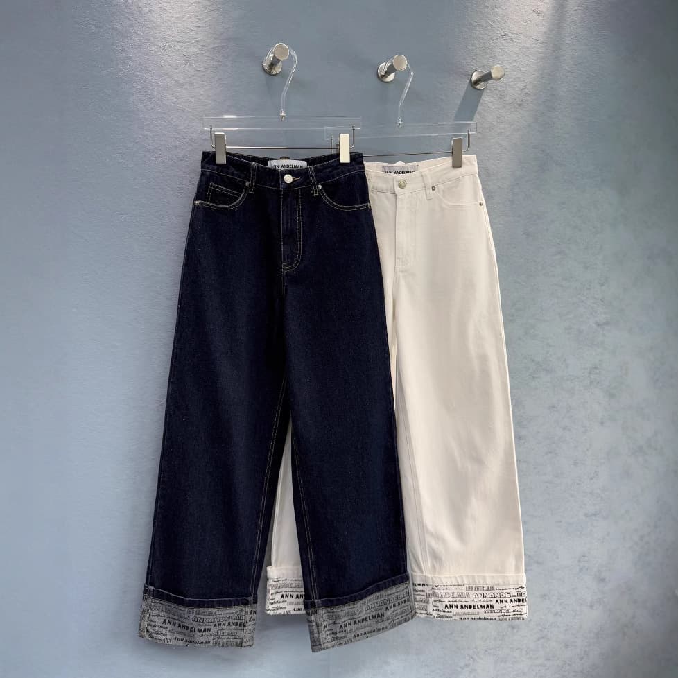 デニムワイドパンツ ロゴ裾アレンジ