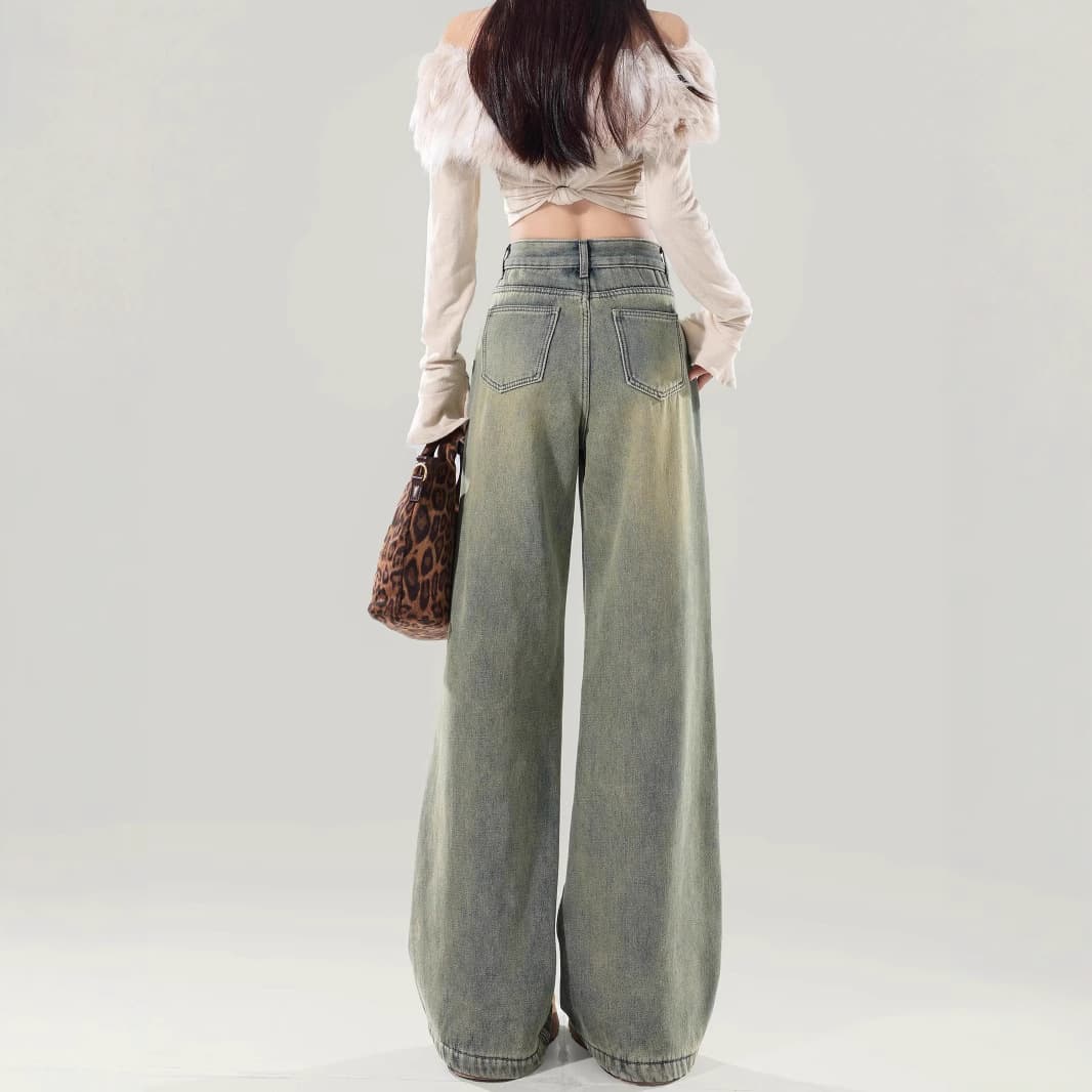 デニムワイドパンツ フワモコ装飾 韓国 ハイウエストデニムワイド