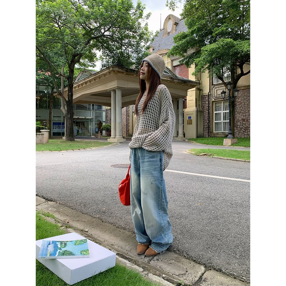 デニムワイドパンツ ヴィンテージ加工デニム ワイド ストレート