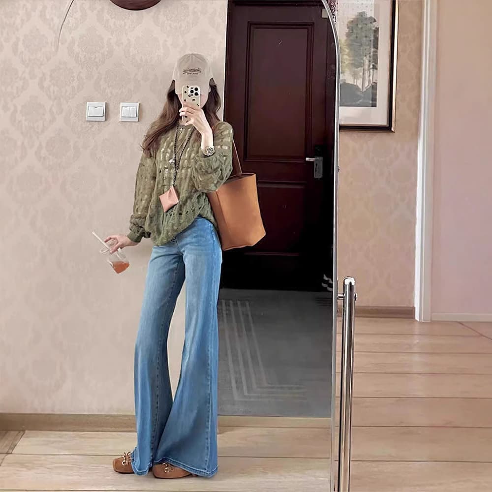 デニムワイドパンツ 美脚効果抜群のハイウエストデニムワイドフレアパンツ