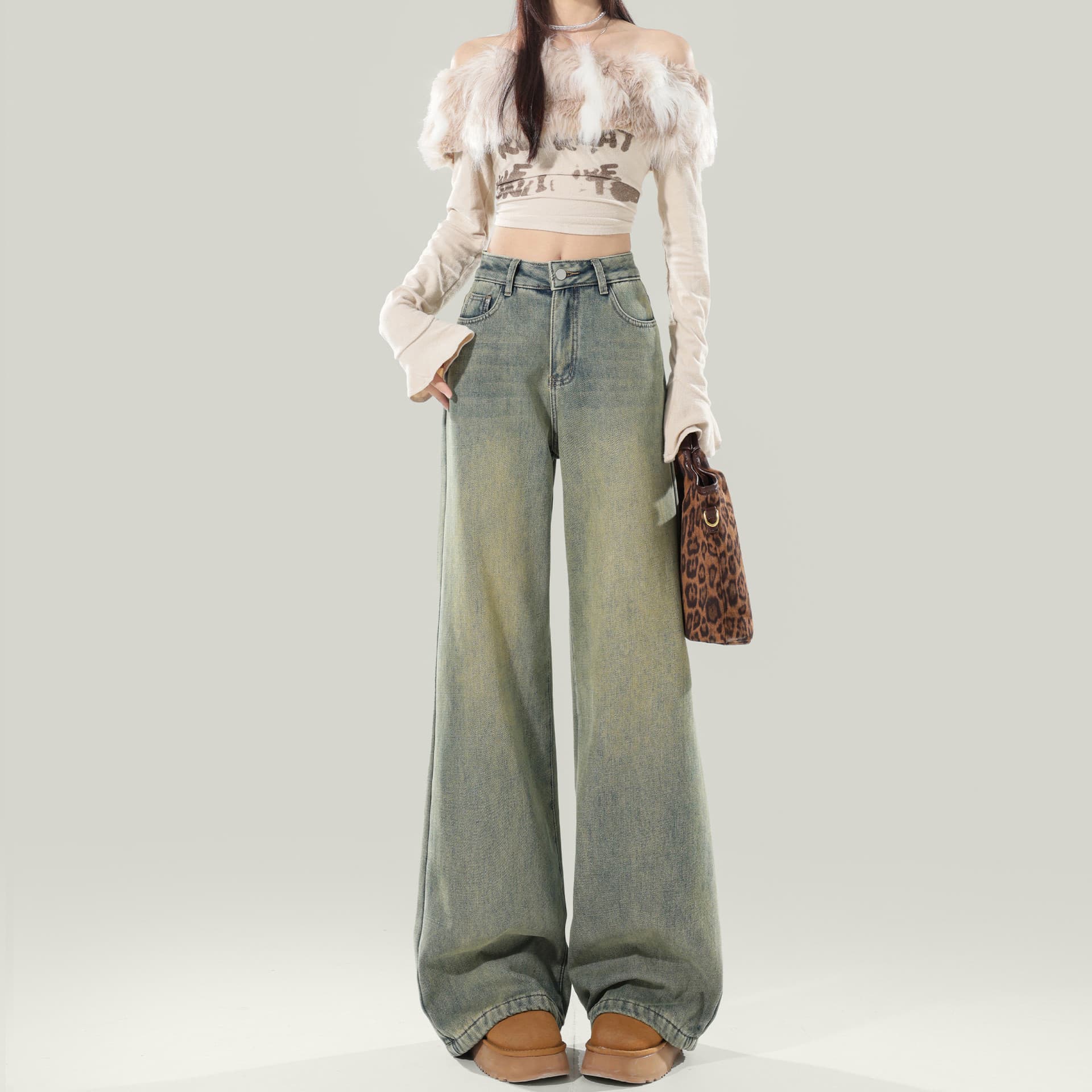 デニムワイドパンツ フワモコ装飾 韓国 ハイウエストデニムワイド