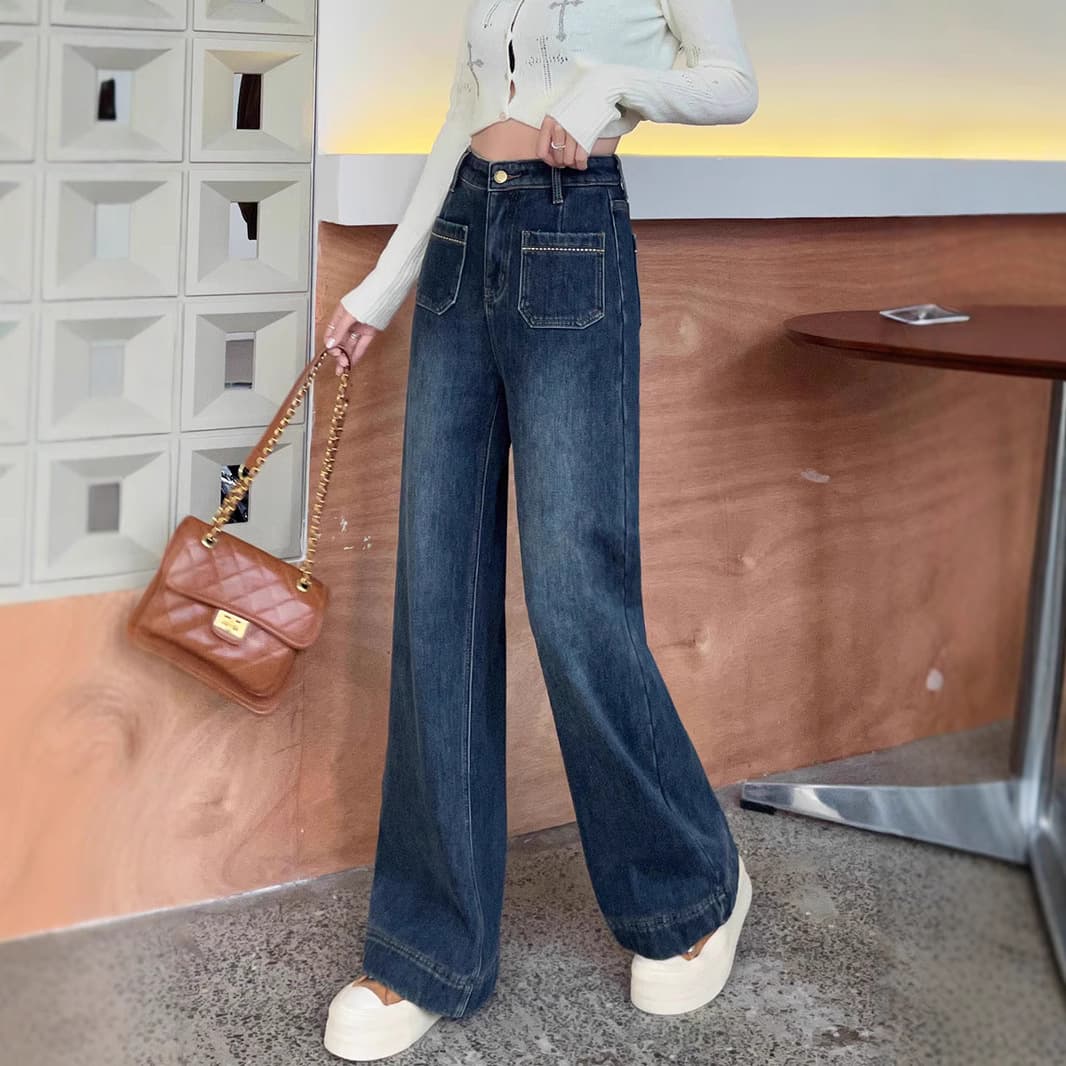 デニムワイドパンツ レトロワイドデニムパンツ 切替フロント