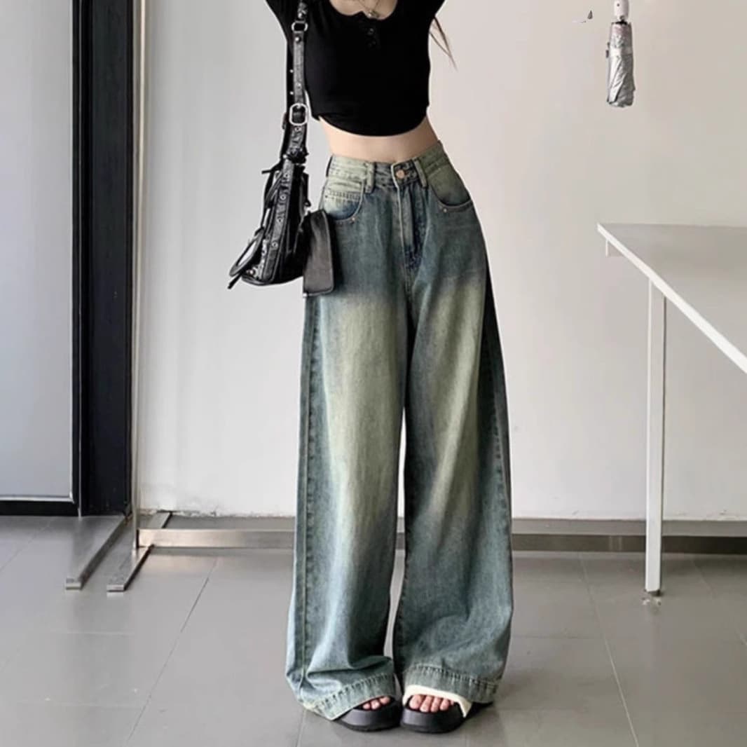 デニムワイドパンツ トレンド感溢れる幅広ロングタックデニムパンツ