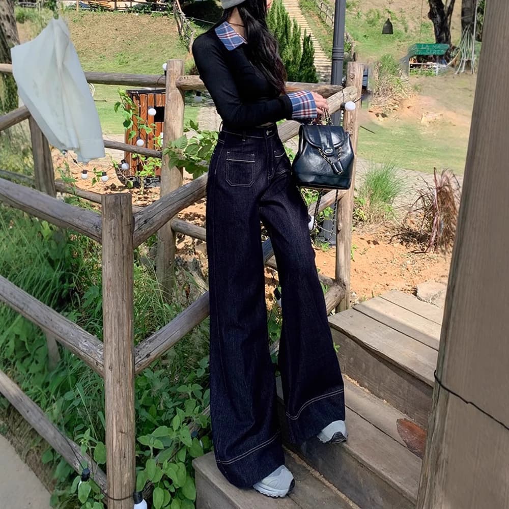 美シルエット レトロガーリーハイウエストデニムワイドパンツ