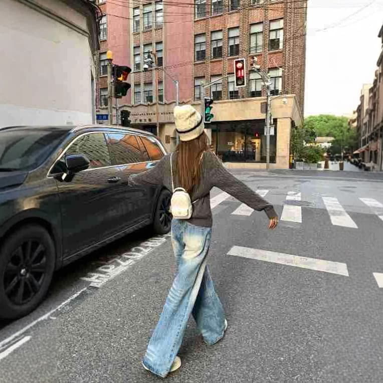 美シルエット ヴィンテージ風ハイウエストデニムワイドパンツ