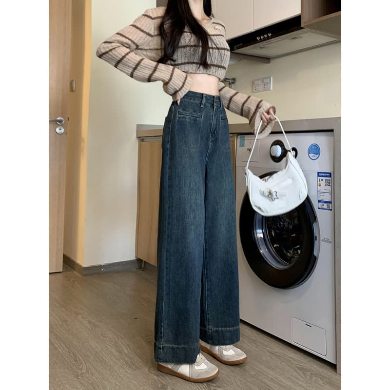 デニムワイドパンツ ハイウエスト 韓国 ワイドストレートデニム