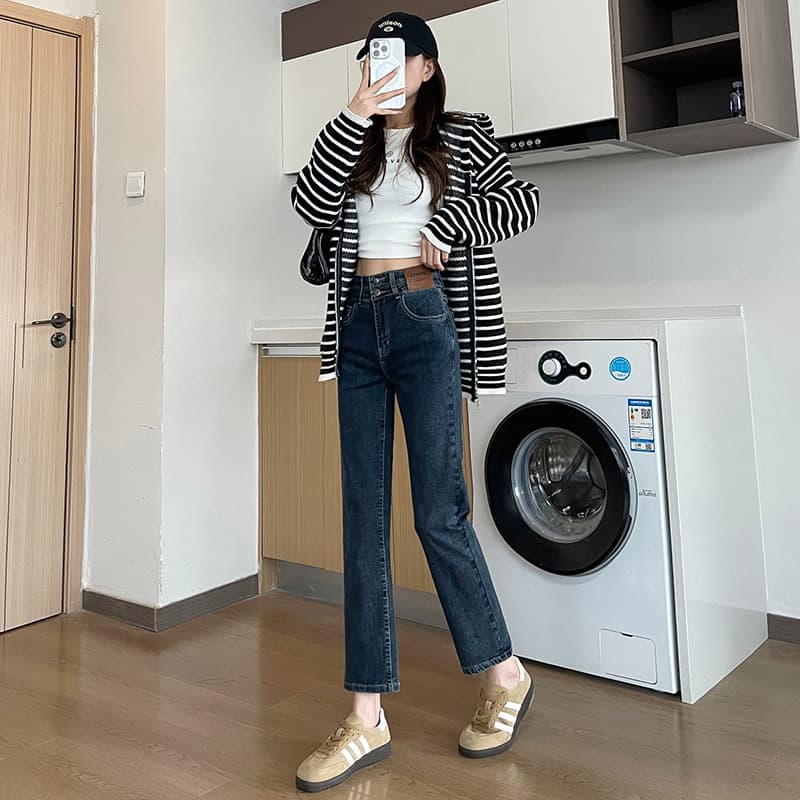 デニムワイドパンツ レディース レトロ感漂うすっきりストレートジーンズ