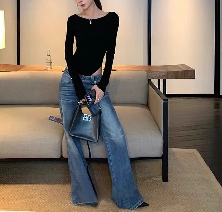 デニムワイドパンツ ゆったりフレアデニムパンツ