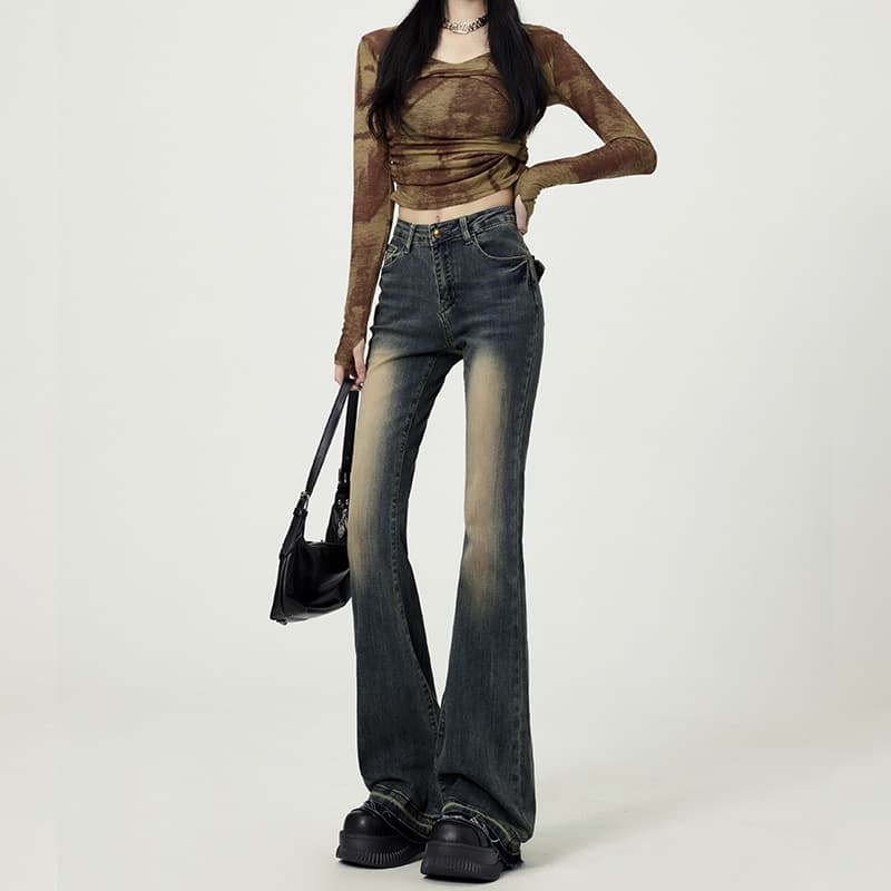 ブーツカット美シルエットハイウエストデニムワイドパンツ