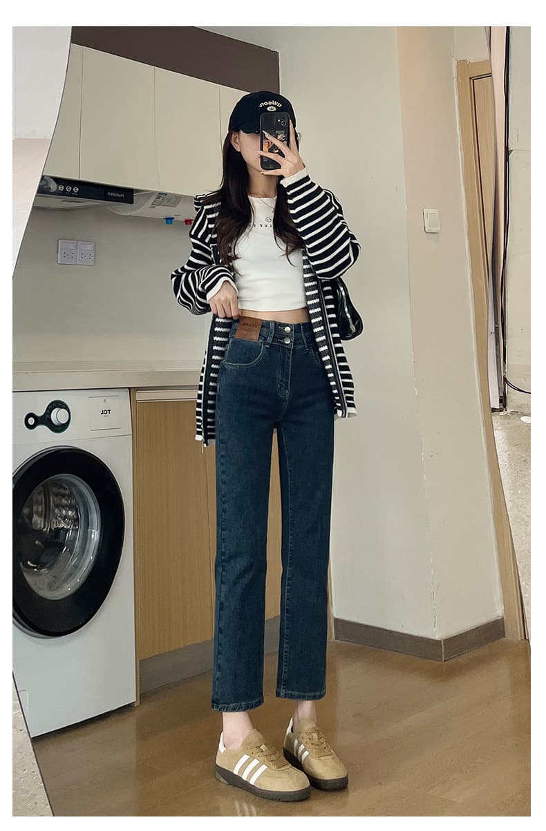 デニムワイドパンツ レディース レトロ感漂うすっきりストレートジーンズ