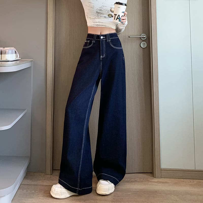 デニムワイドパンツ 韓国 ハイウエストデニムワイドストレートパンツ