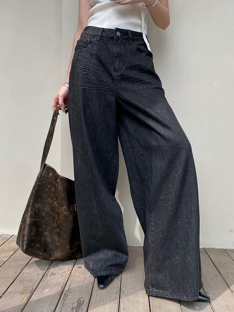 デニムワイドパンツ ダメージ加工ワイドストレートデニム