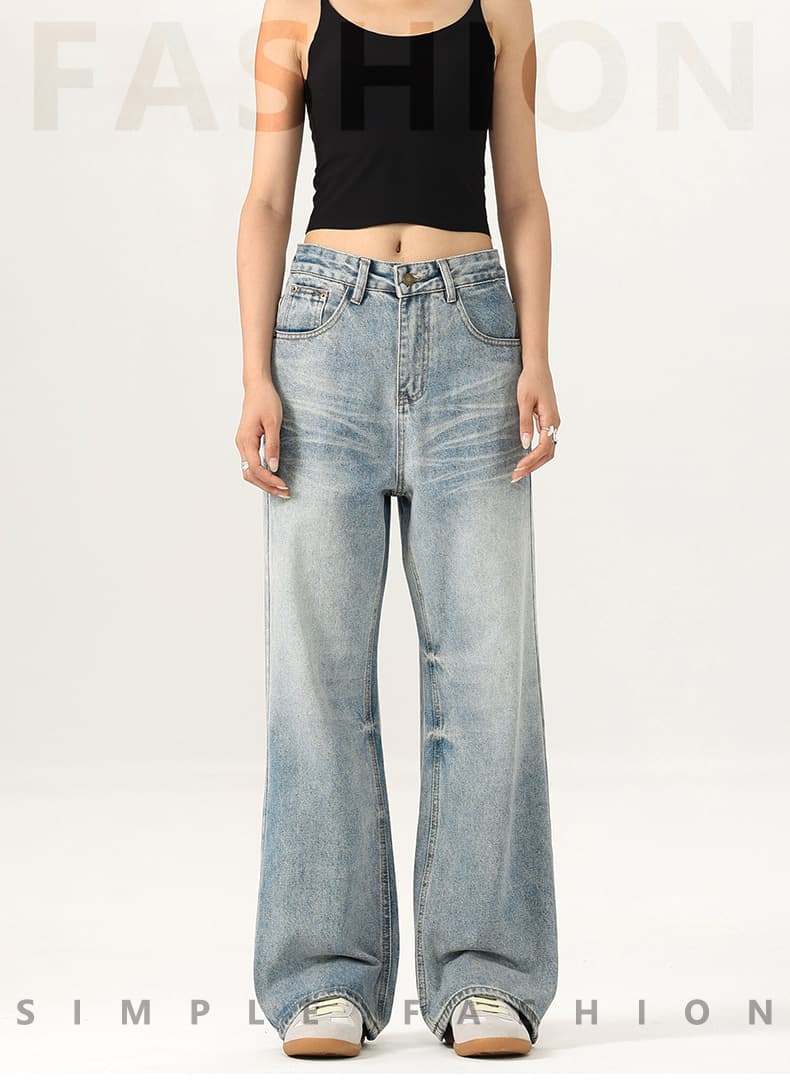 デニムワイドパンツ レディースゆったり幅広ワイドストレートジーンズ