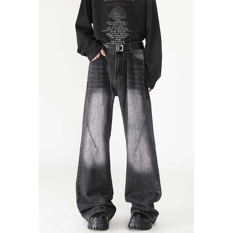 デニムワイドパンツ ヴィンテージ加工ドレープワイドフレアパンツ