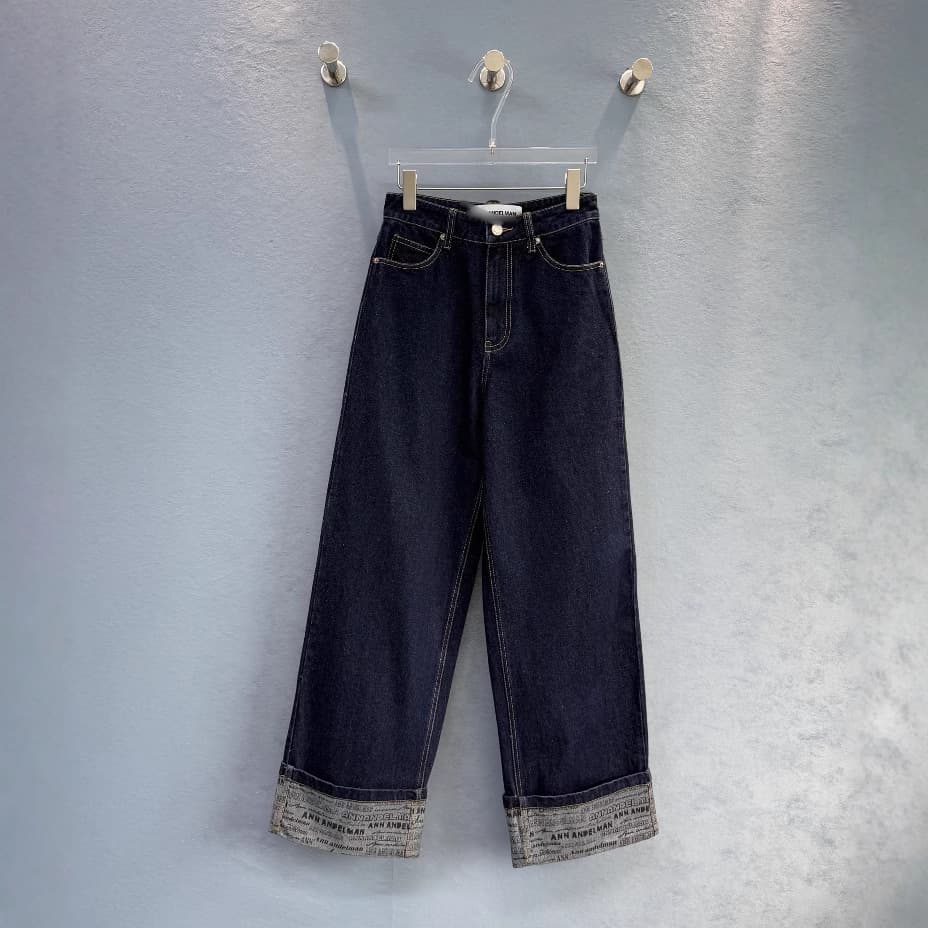 デニムワイドパンツ ロゴ裾アレンジ