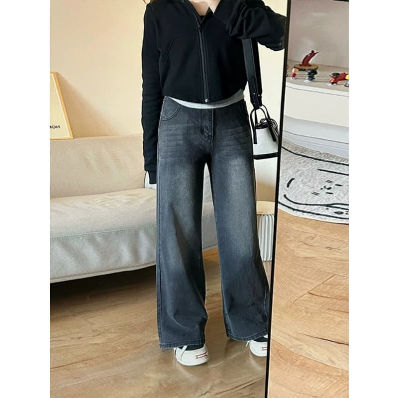 デニムワイドパンツ 韓国風デイリーハイウエストストレートデニム