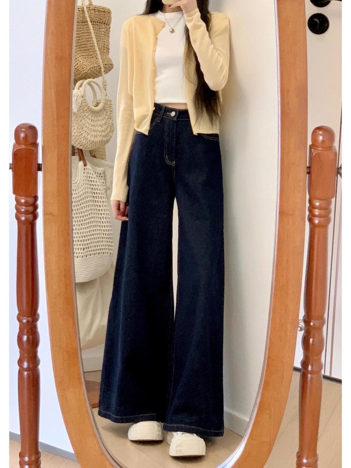 デニムワイドパンツ 韓国 美脚シルエットハイウエストフレアデニム