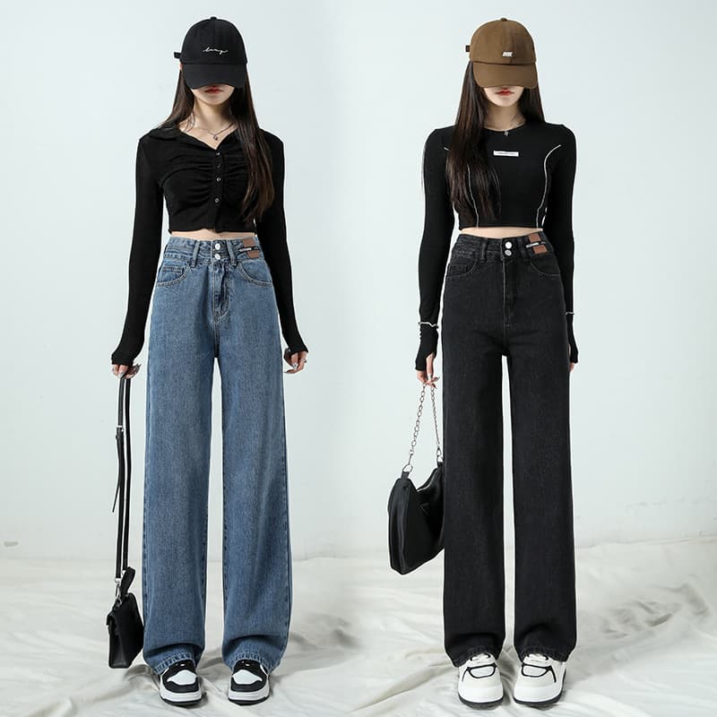 デニムワイドパンツ ゆったり幅広ストレートワイドシルエット レディース用ジーンズ