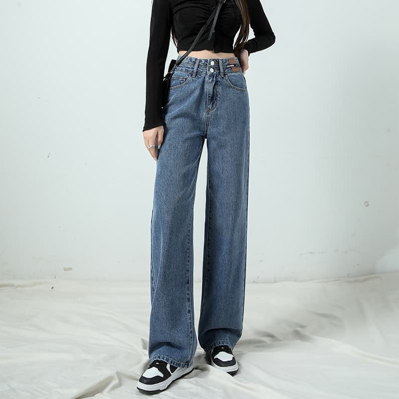 デニムワイドパンツ ゆったり幅広ストレートワイドシルエット レディース用ジーンズ