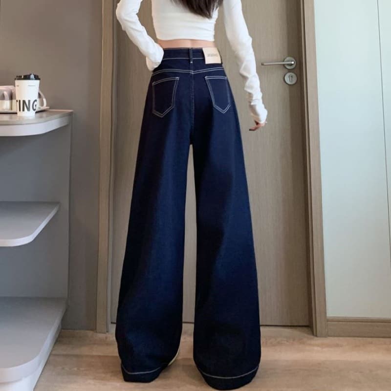 デニムワイドパンツ 韓国 ハイウエストデニムワイドストレートパンツ