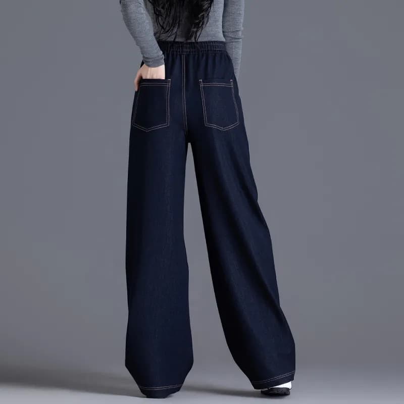デニムワイドパンツ ウエストゴム入りデニムゆったり幅広パンツ